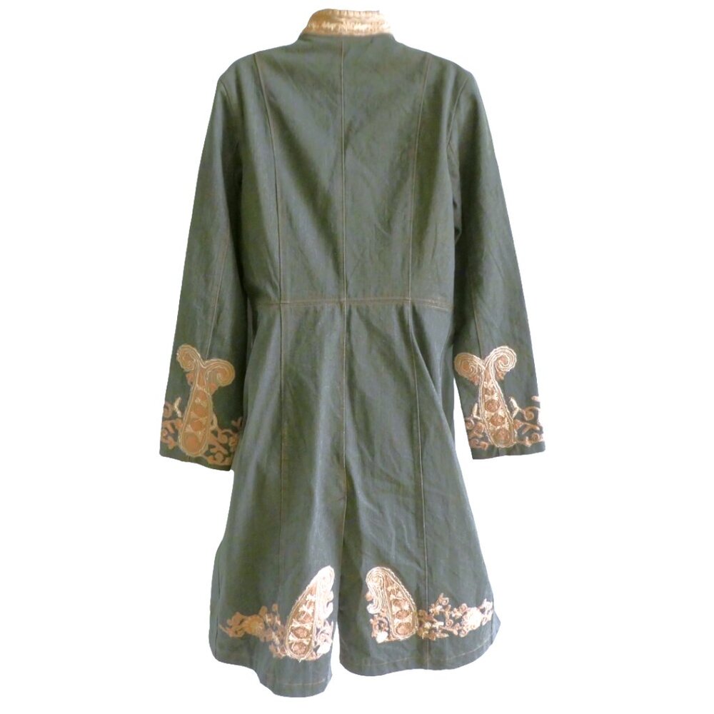 Vintage 90s Designer Flower Embossed Denim Trench Coat 3D Paisley Satin Lined 10 - Picture 2 of 14